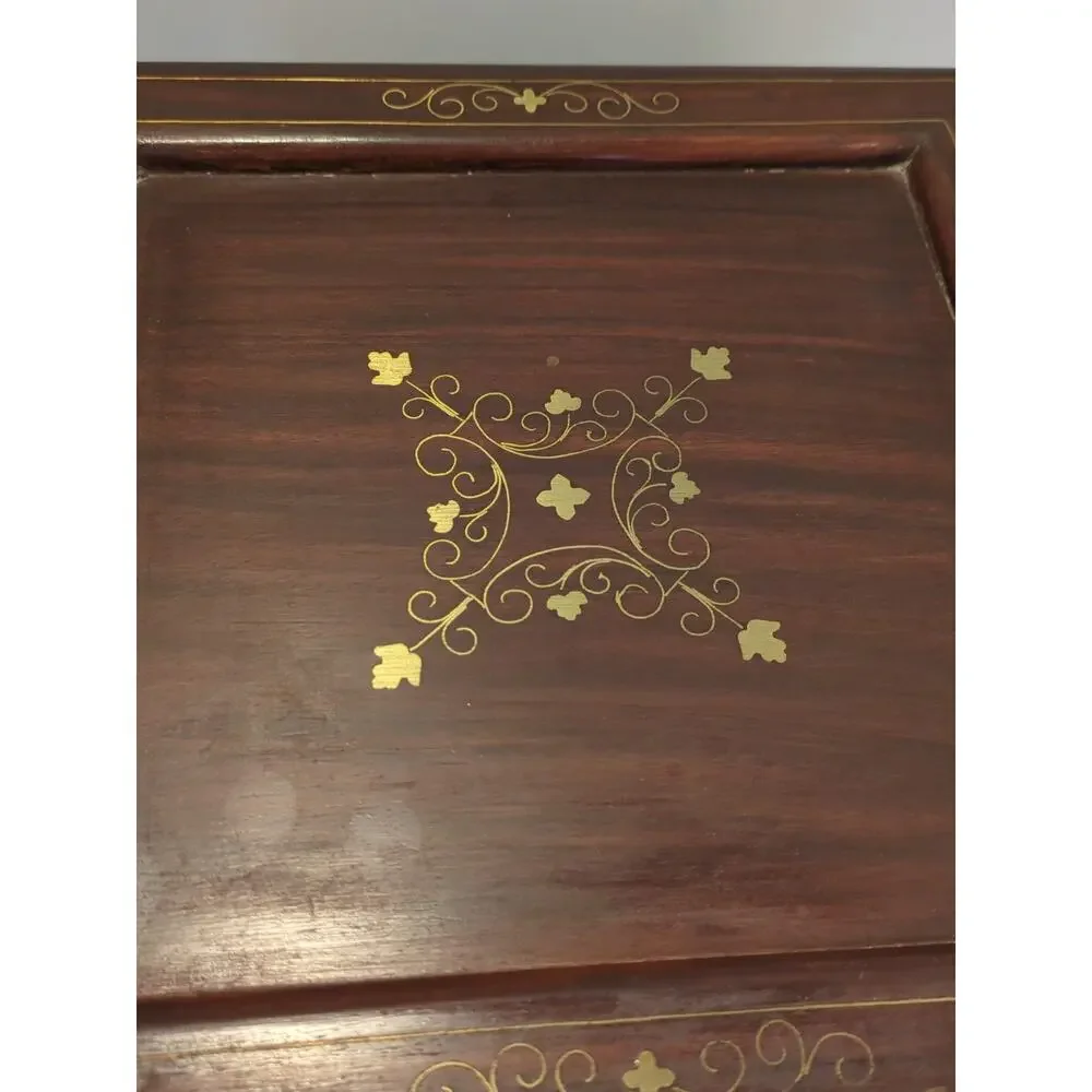 Large Vintage Inlaid Wood Jewelry Chest 10x10 Two-Tier Heart Mirror 9-Comp